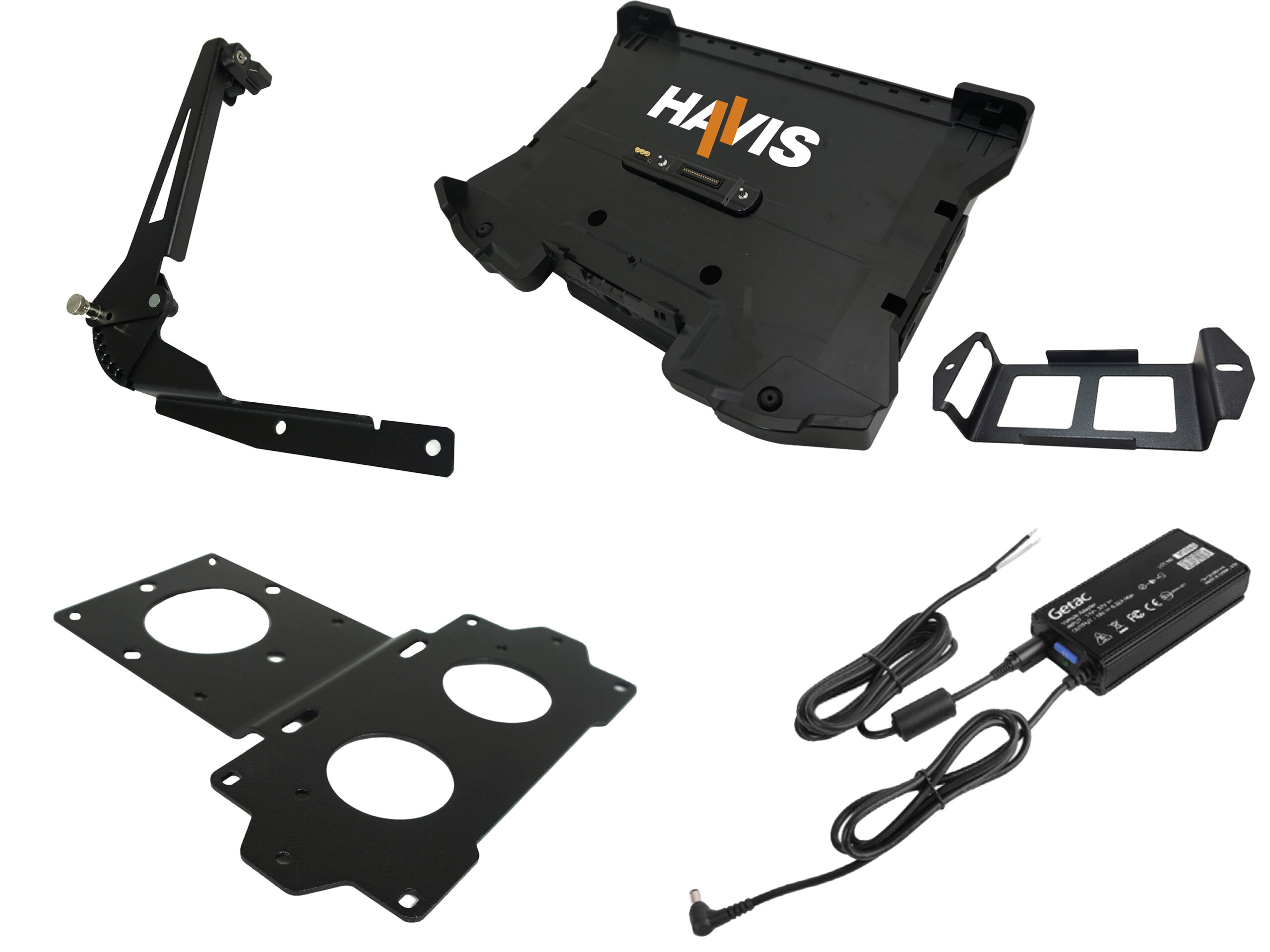 Package – Docking Station for Getac S510 Laptop with Triple Pass-Through Antenna Connection, Getac Power Supply with Bare Wire, Power Supply Mounting Bracket & Screen Support
