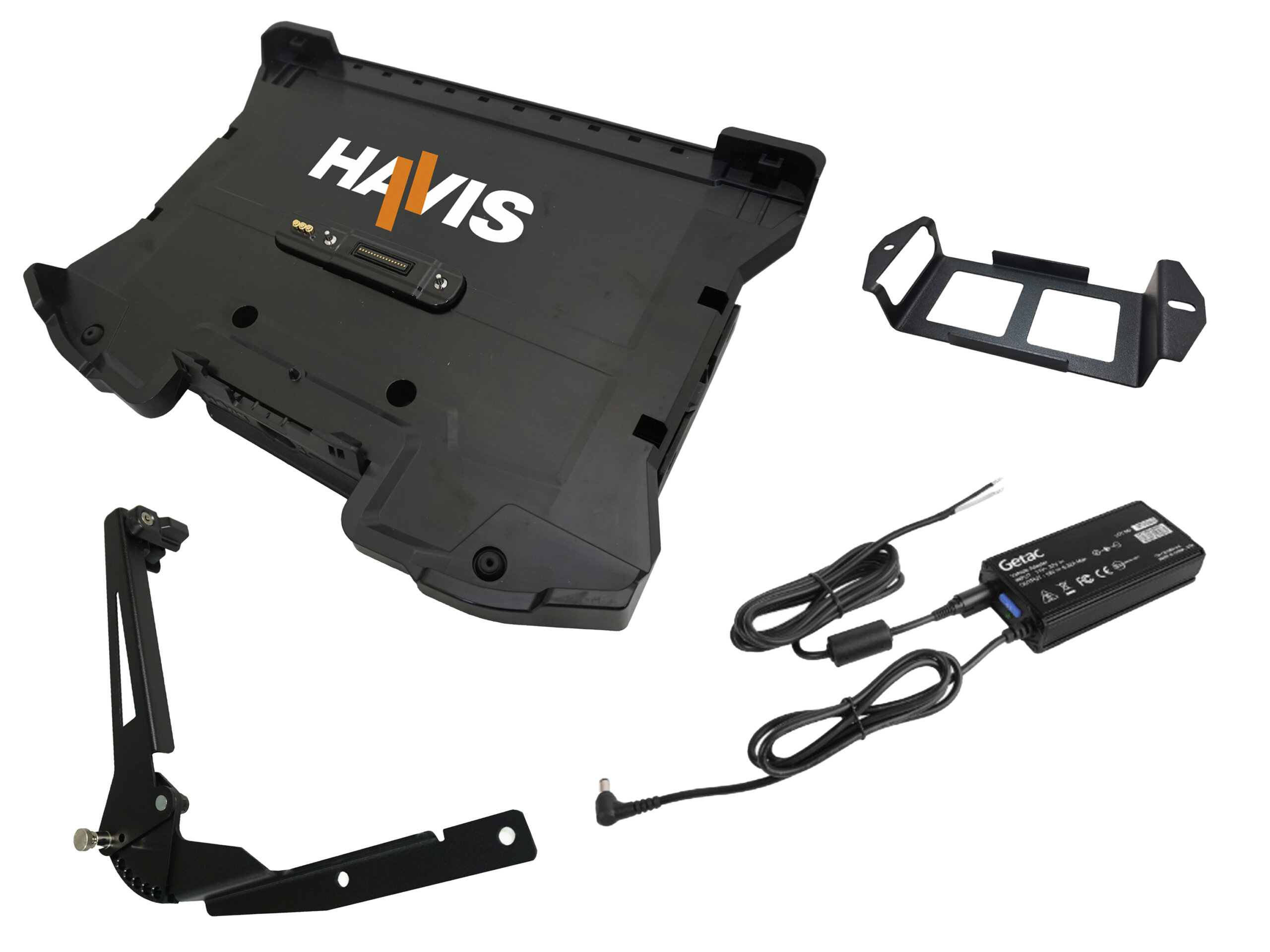 Package – Cradle for Getac S510 Laptop with Triple Pass-Through Antenna Connection, Screen Support, & Power Supply with Bare Wire